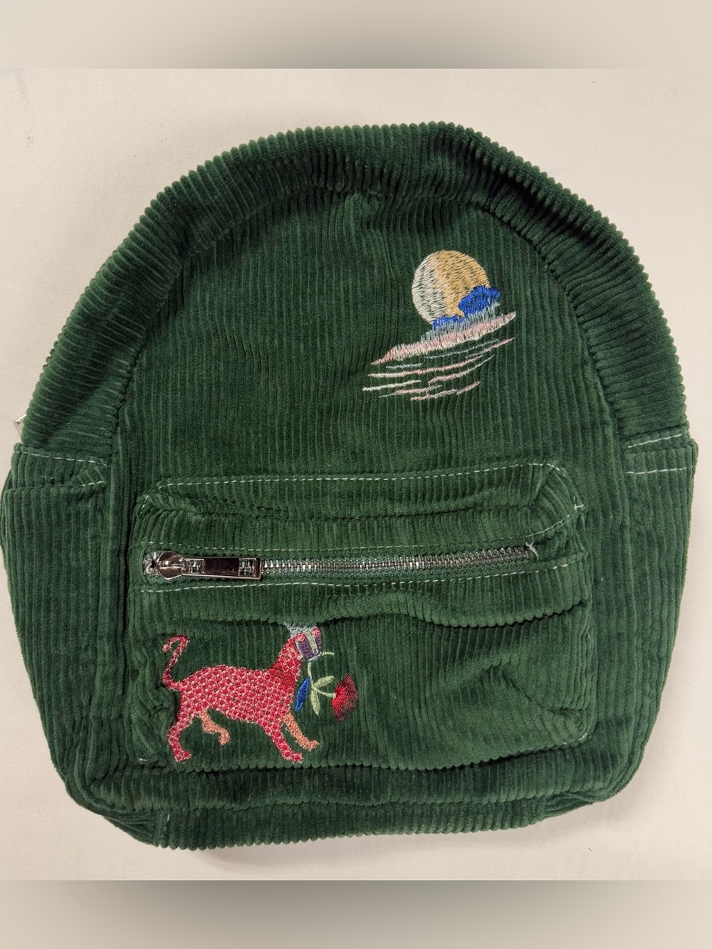 Urban Outfitters Corduroy Mini Backpack Embroidered Cat Celestial Green